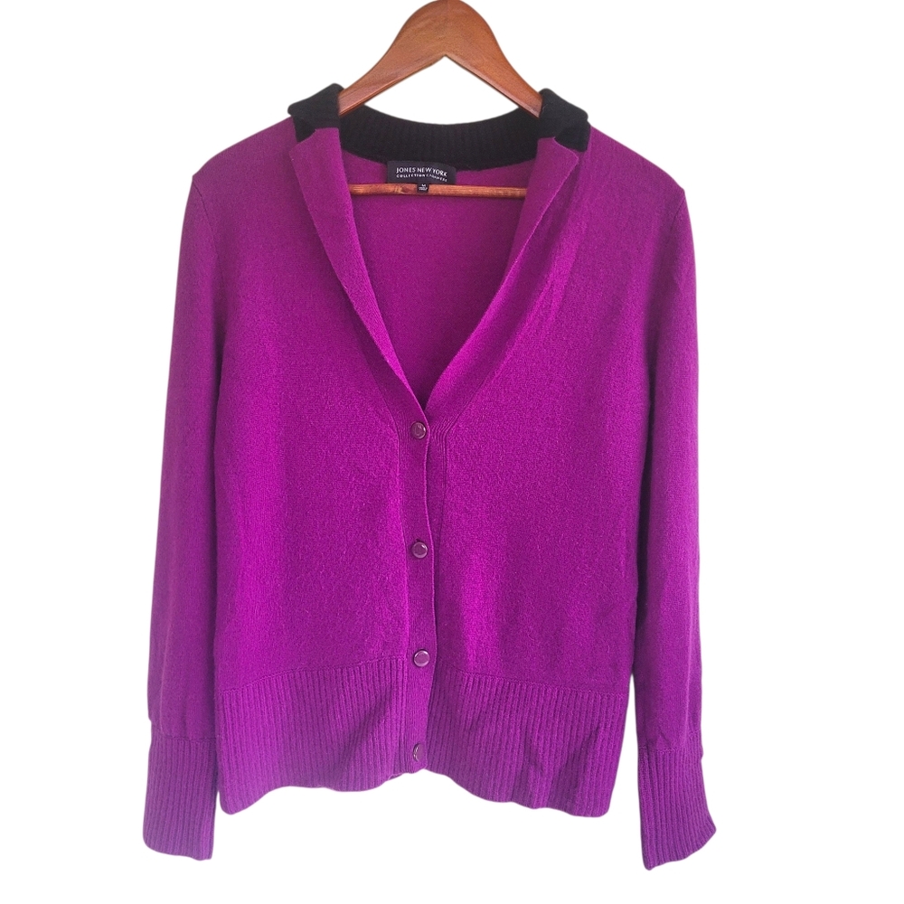 Jones New York 100% Cashmere Cardigan Sweater W Collar Magenta Womens Medium